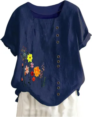 Linen Shirts for Women Summer Plus Size Crew Neck Short Sleeve Tops Loose Fit Comfy Lightweight Print Casual Blouses