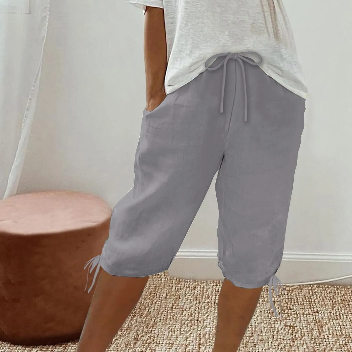 Linen Shorts for Women 2025 Knee Length Summer Shorts Drawstring High Waisted Bermuda Shorts Casual Shorts Pockets