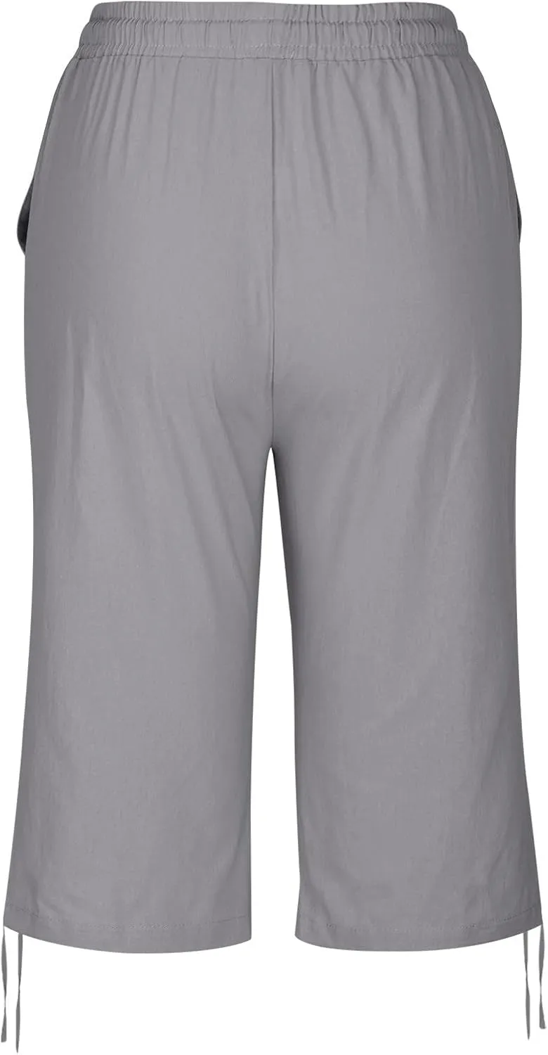 Linen Shorts for Women 2025 Knee Length Summer Shorts Drawstring High Waisted Bermuda Shorts Casual Shorts Pockets