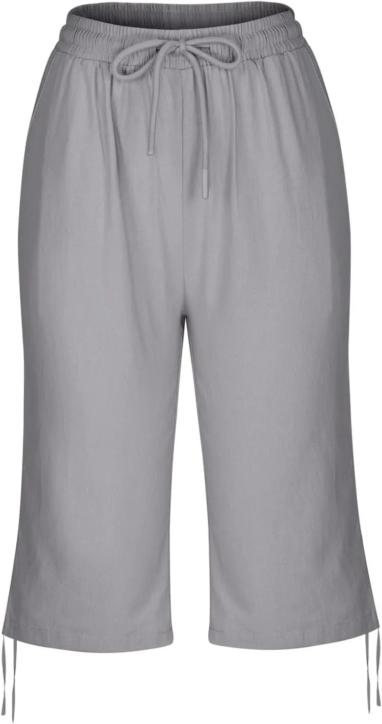 Linen Shorts for Women 2025 Knee Length Summer Shorts Drawstring High Waisted Bermuda Shorts Casual Shorts Pockets