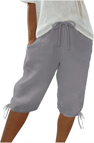 Linen Shorts for Women 2025 Knee Length Summer Shorts Drawstring High Waisted Bermuda Shorts Casual Shorts Pockets