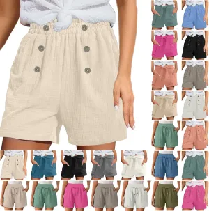 Linen Shorts for Women High Waist Elastic Summer Shorts Comfy Lightweight Wide Leg Shorts Bermuda Shorts with Pockets