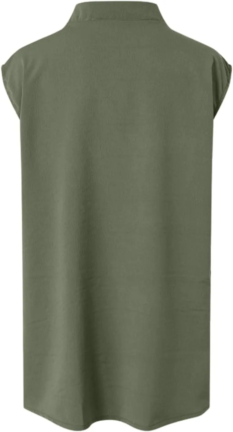 Linen Tank Tops for Women Loose Fit Summer Tops Trendy Sleeveless Casual Button V Neck Tunic Blouses Outfits 2025