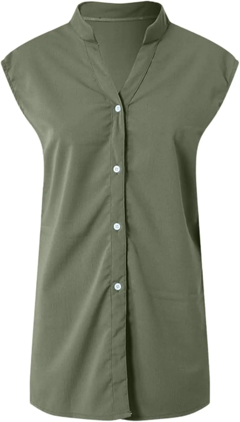 Linen Tank Tops for Women Loose Fit Summer Tops Trendy Sleeveless Casual Button V Neck Tunic Blouses Outfits 2025