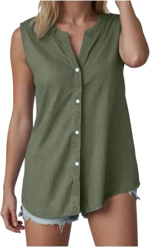 Linen Tank Tops for Women Loose Fit Summer Tops Trendy Sleeveless Casual Button V Neck Tunic Blouses Outfits 2025