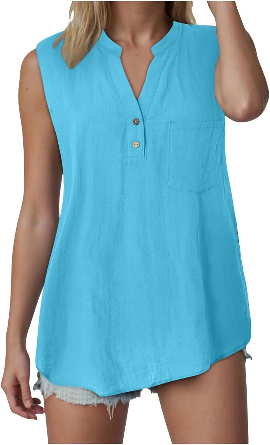 Linen Tank Tops for Women Loose Fit Summer Tops Trendy Sleeveless Casual Button V Neck Tunic Blouses Outfits 2025