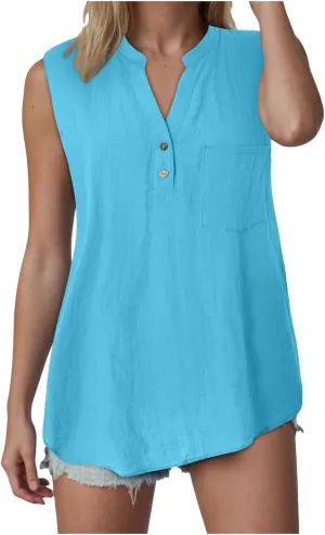 Linen Tank Tops for Women Loose Fit Summer Tops Trendy Sleeveless Casual Button V Neck Tunic Blouses Outfits 2025