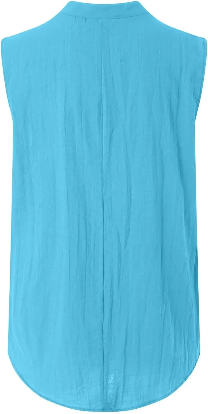 Linen Tank Tops for Women Loose Fit Summer Tops Trendy Sleeveless Casual Button V Neck Tunic Blouses Outfits 2025