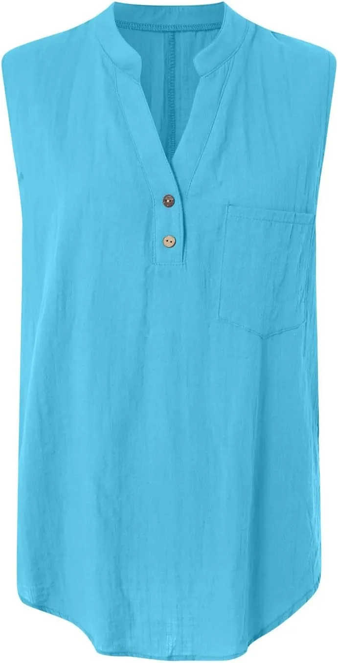 Linen Tank Tops for Women Loose Fit Summer Tops Trendy Sleeveless Casual Button V Neck Tunic Blouses Outfits 2025