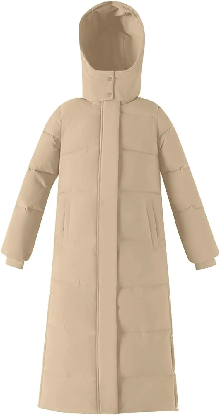 Long Puffer Jacket Womens Trendy Winter Coats Down Quilted Jacket Thicken Warm Coat Side Split Long Sleeve Jacket