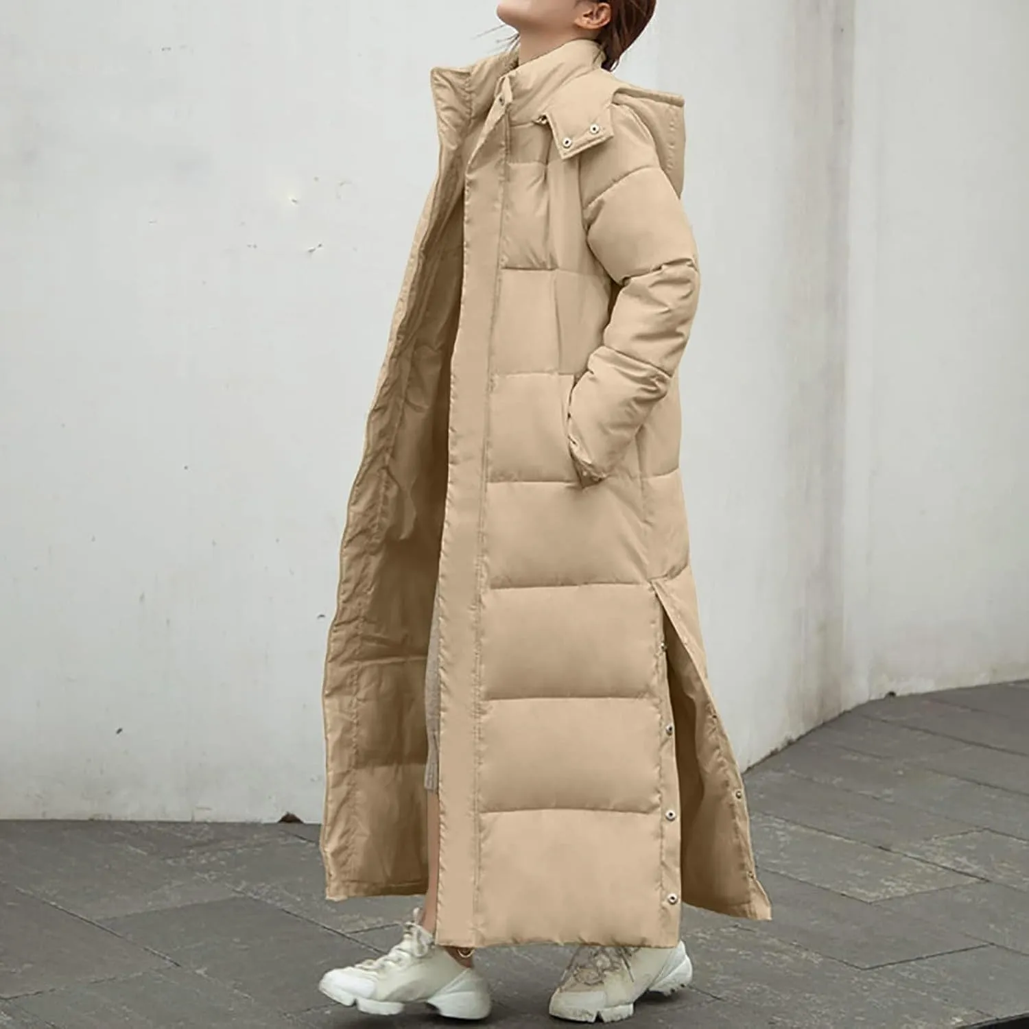 Long Puffer Jacket Womens Trendy Winter Coats Down Quilted Jacket Thicken Warm Coat Side Split Long Sleeve Jacket