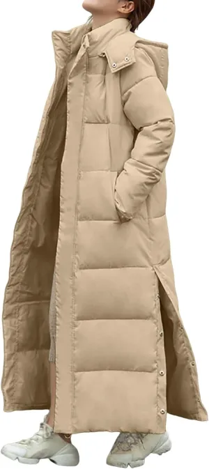 Long Puffer Jacket Womens Trendy Winter Coats Down Quilted Jacket Thicken Warm Coat Side Split Long Sleeve Jacket
