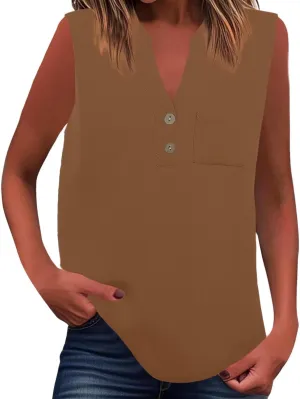 Loose Fit Linen Tank Tops for Women Sleeveless V-Neck Button Cami Shirts with Side Slits Beach Vacation Outfits​