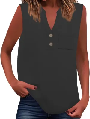 Loose Fit Linen Tank Tops for Women Sleeveless V-Neck Button Cami Shirts with Side Slits Beach Vacation Outfits​
