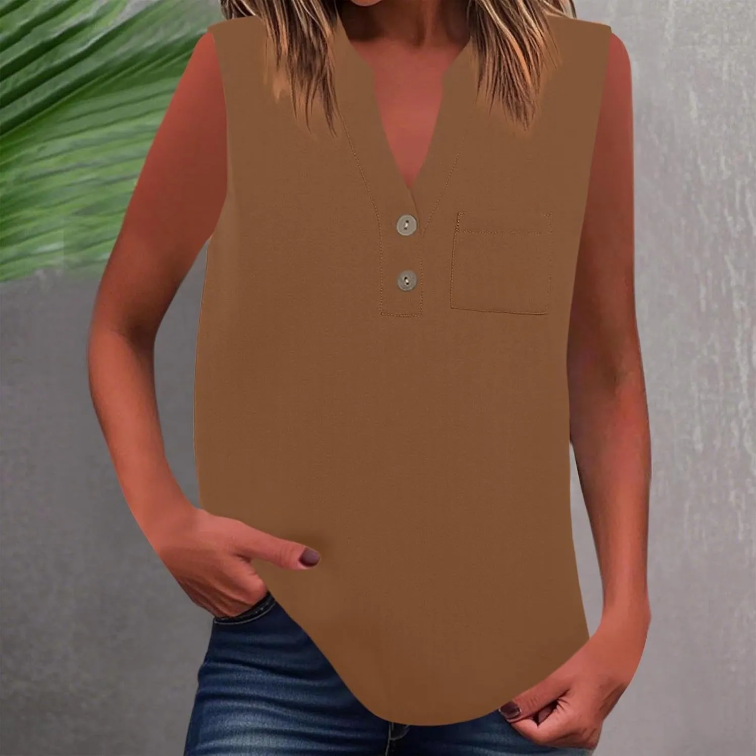 Loose Fit Linen Tank Tops for Women Sleeveless V-Neck Button Cami Shirts with Side Slits Beach Vacation Outfits​