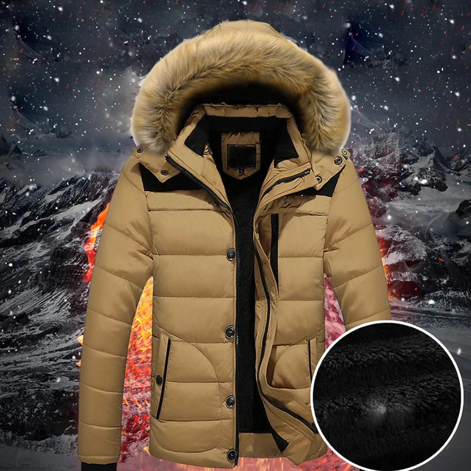 Men arge Size Cotton Coat Thick Warm Plush Hooded Jacket Zipper Button Windproof Long Sleeve Outerwear with Pocket