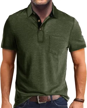 Mens Athletic Short Sleeve Polo Shirts Casual Moisture Wicking Golf Shirts Buttons Collared Solid T Shirts with Pocket