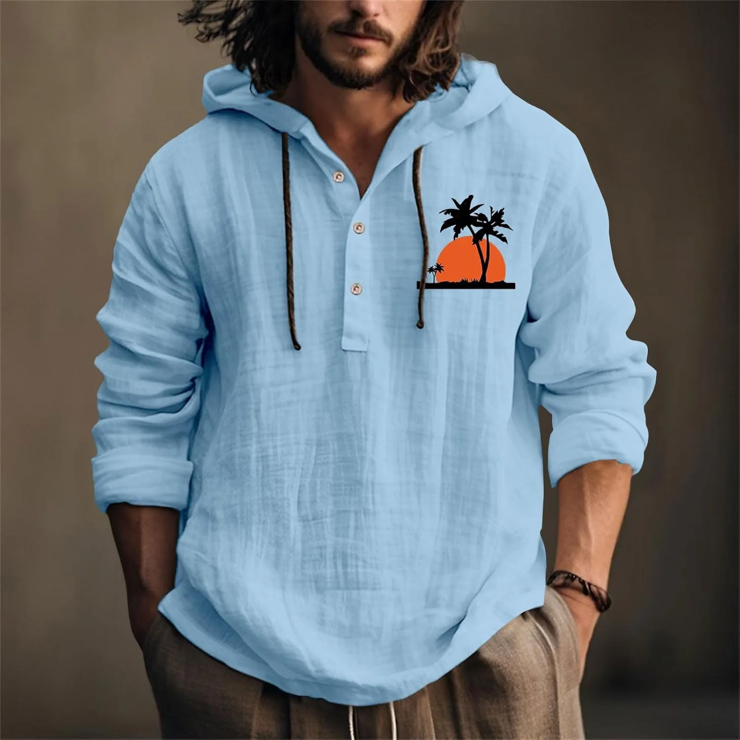 Men's Casual Cotton Linen Shirts Long Sleeve Hawaiian Plain Beach Travel T-Shirts Fashion Summer Outdoor Yoga Tops