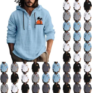 Men's Casual Cotton Linen Shirts Long Sleeve Hawaiian Plain Beach Travel T-Shirts Fashion Summer Outdoor Yoga Tops
