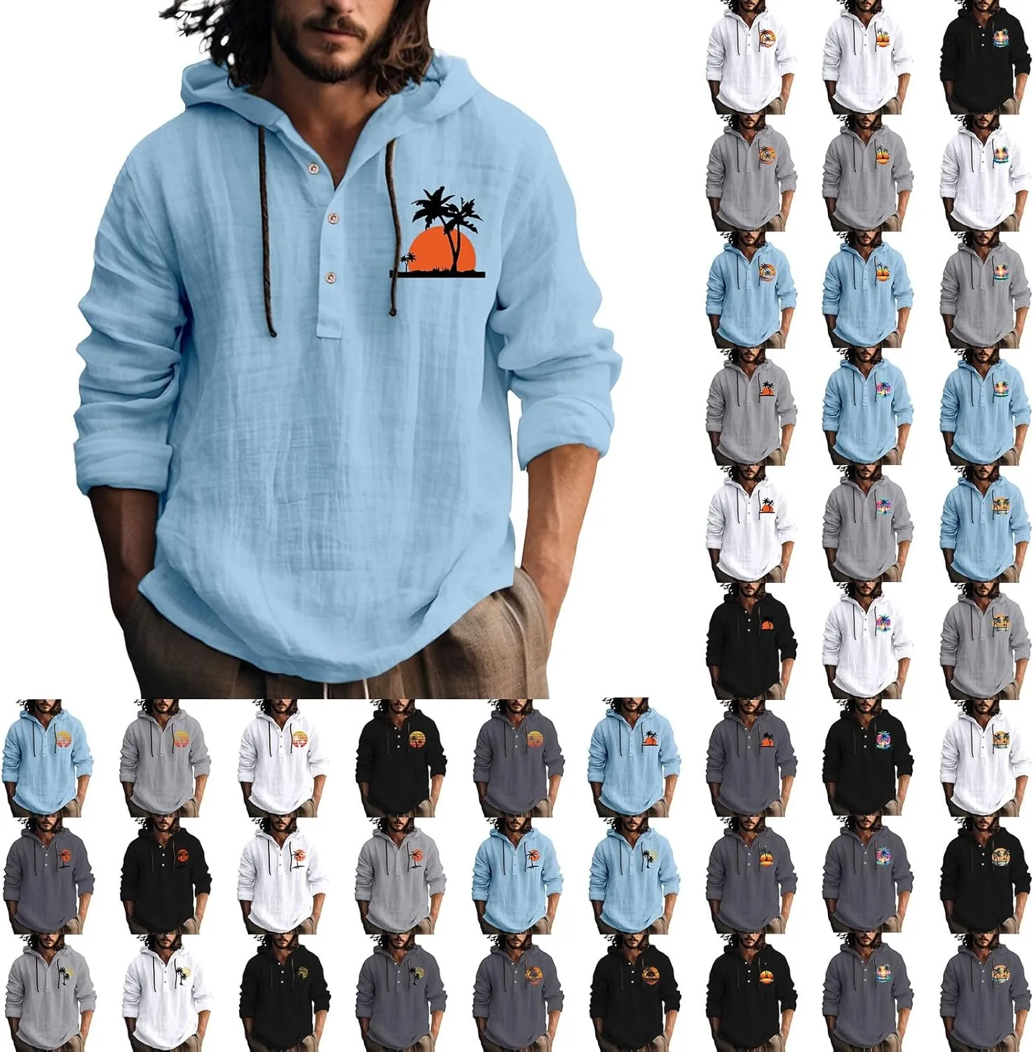 Men's Casual Cotton Linen Shirts Long Sleeve Hawaiian Plain Beach Travel T-Shirts Fashion Summer Outdoor Yoga Tops
