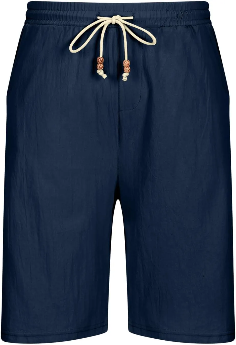 Men's Casual Cotton Linen Shorts Lightweight Drawstring Shorts with Pockets Elastic Waist Shorts Summer Beach Vacation Shorts