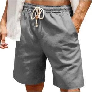 Men's Casual Cotton Linen Shorts Lightweight Drawstring Shorts with Pockets Elastic Waist Shorts Summer Beach Vacation Shorts