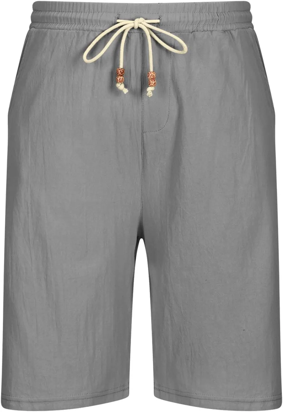 Men's Casual Cotton Linen Shorts Lightweight Drawstring Shorts with Pockets Elastic Waist Shorts Summer Beach Vacation Shorts