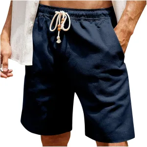 Men's Casual Cotton Linen Shorts Lightweight Drawstring Shorts with Pockets Elastic Waist Shorts Summer Beach Vacation Shorts