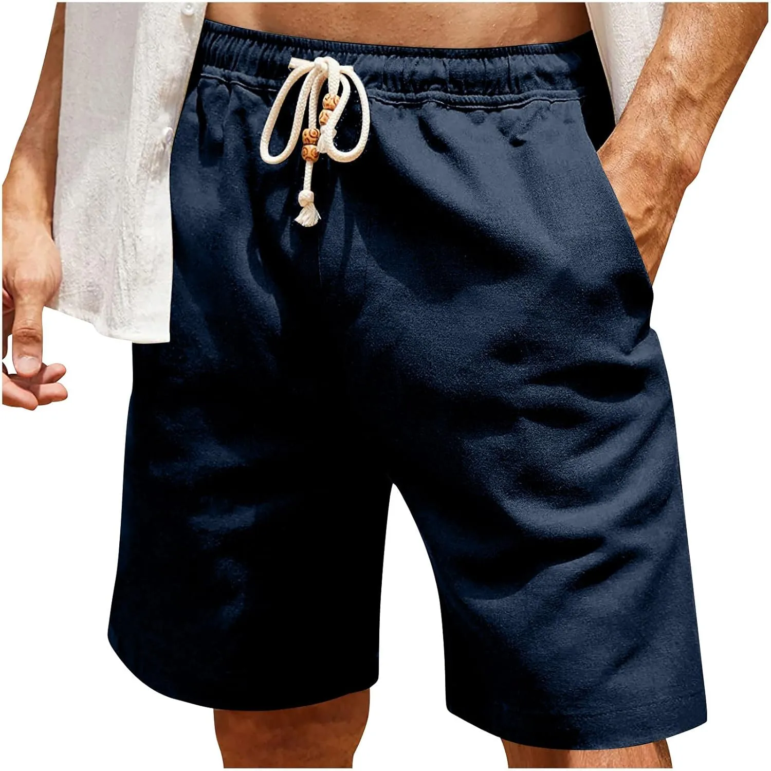 Men's Casual Cotton Linen Shorts Lightweight Drawstring Shorts with Pockets Elastic Waist Shorts Summer Beach Vacation Shorts