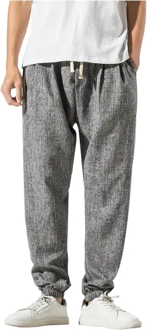 Mens Casual Pants Linen Pants Summer Beach Trousers Drawstring Yoga Pants Soft Elastic Waist Pants