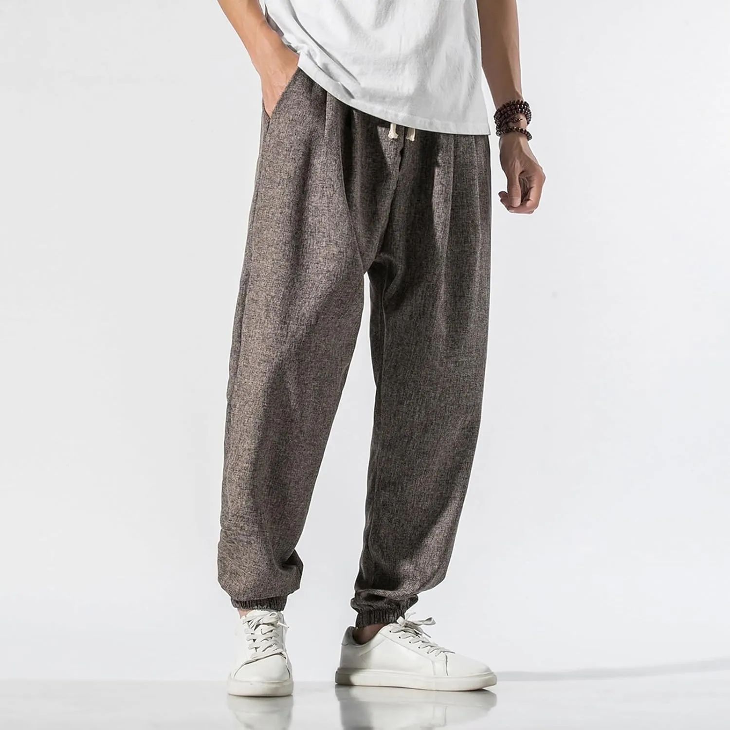 Mens Casual Pants Linen Pants Summer Beach Trousers Drawstring Yoga Pants Soft Elastic Waist Pants