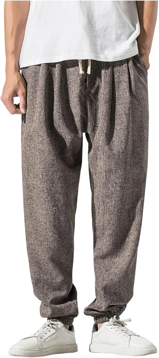 Mens Casual Pants Linen Pants Summer Beach Trousers Drawstring Yoga Pants Soft Elastic Waist Pants