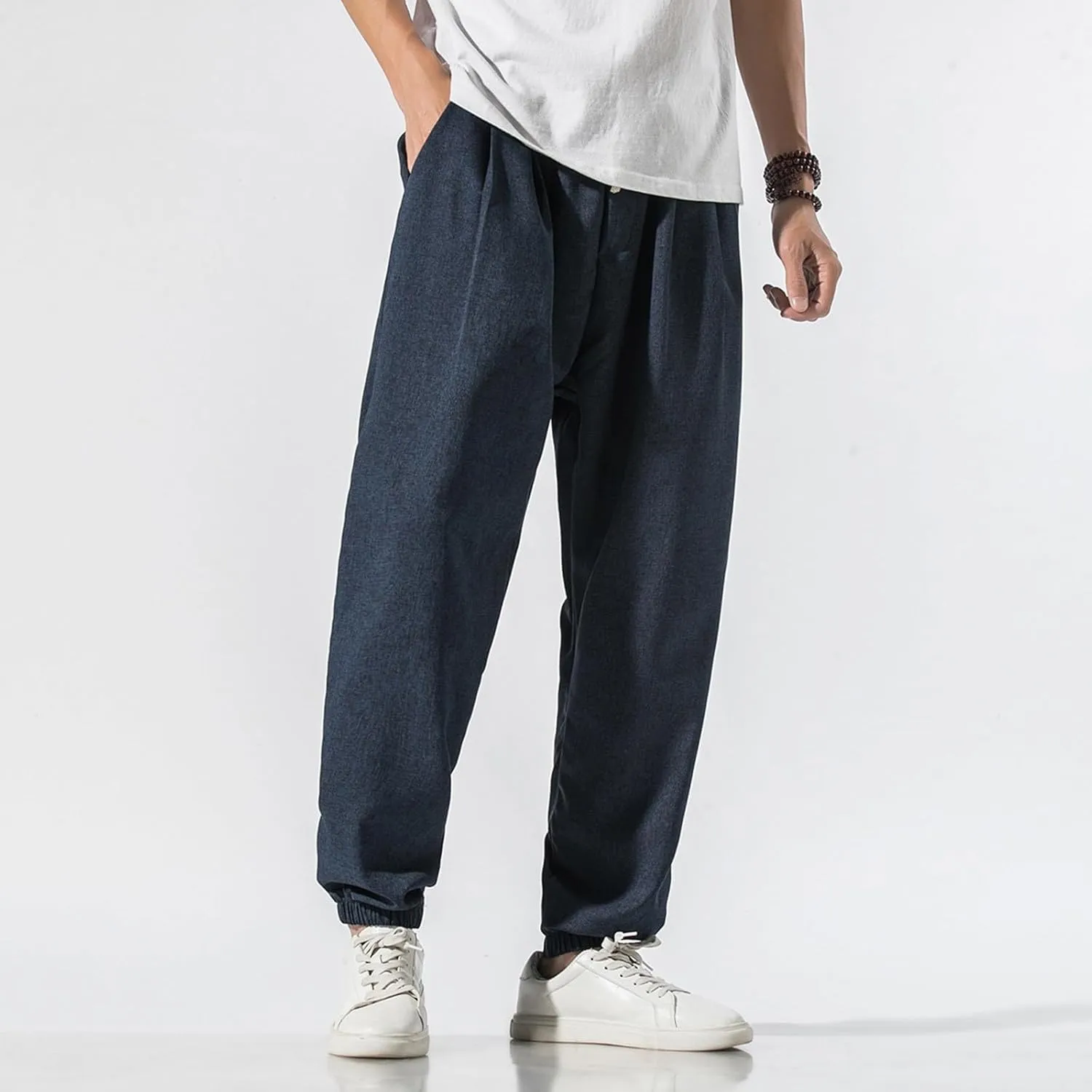 Mens Casual Pants Linen Pants Summer Beach Trousers Drawstring Yoga Pants Soft Elastic Waist Pants