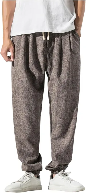 Mens Casual Pants Linen Pants Summer Beach Trousers Drawstring Yoga Pants Soft Elastic Waist Pants