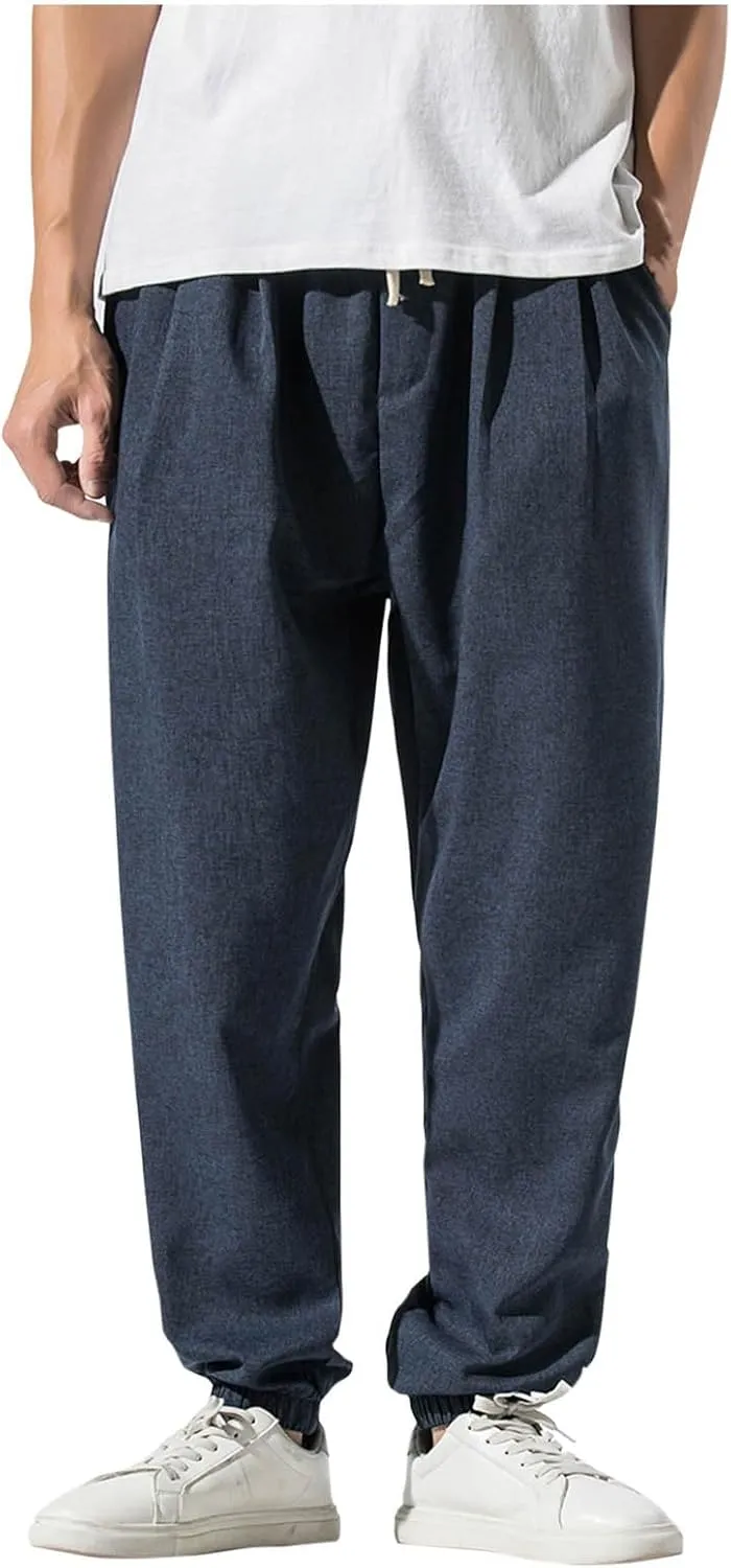 Mens Casual Pants Linen Pants Summer Beach Trousers Drawstring Yoga Pants Soft Elastic Waist Pants