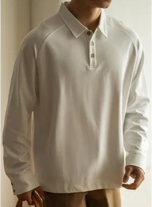 Men's Casual Polo Shirts Fashion Button Up Collared Long Sleeve Loose T Shirts,White,XXL