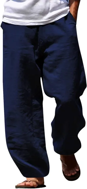 Men's Cotton Linen Pants Casual Drawstring Elastic Waist Beach Pants Loose Yoga Pants Yoga Pants