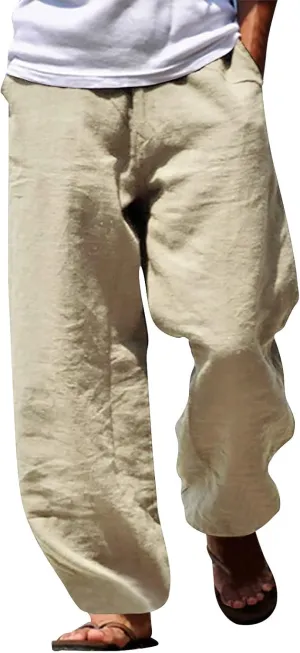 Men's Cotton Linen Pants Casual Drawstring Elastic Waist Beach Pants Loose Yoga Pants Yoga Pants