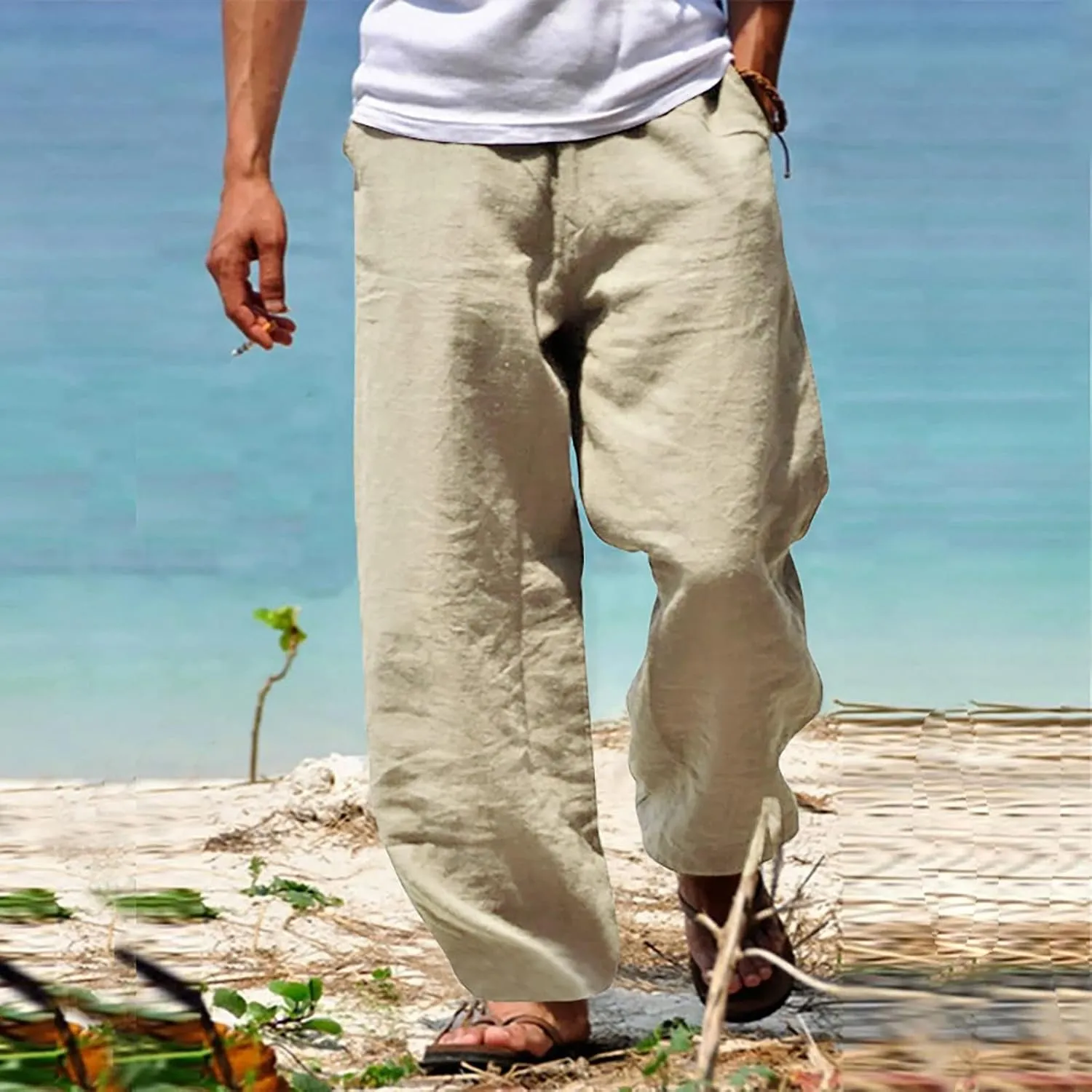 Men's Cotton Linen Pants Casual Drawstring Elastic Waist Beach Pants Loose Yoga Pants Yoga Pants