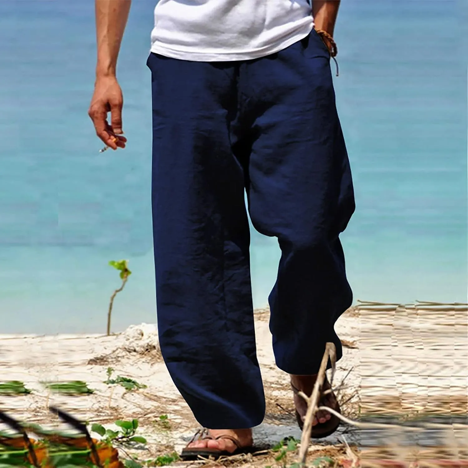 Men's Cotton Linen Pants Casual Drawstring Elastic Waist Beach Pants Loose Yoga Pants Yoga Pants