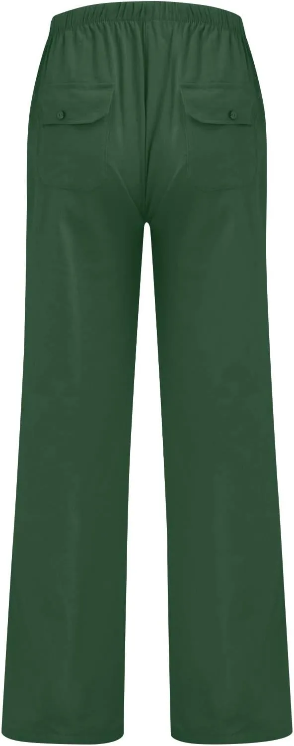 Men's Cotton Linen Pants Elastic Waist Drawstring Pants Lightweight Casual Pants Summer Beach Pants with Pockets