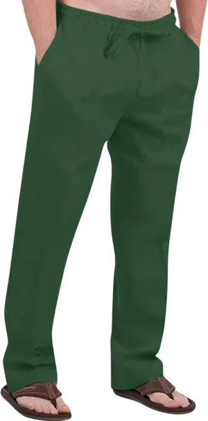 Men's Cotton Linen Pants Elastic Waist Drawstring Pants Lightweight Casual Pants Summer Beach Pants with Pockets