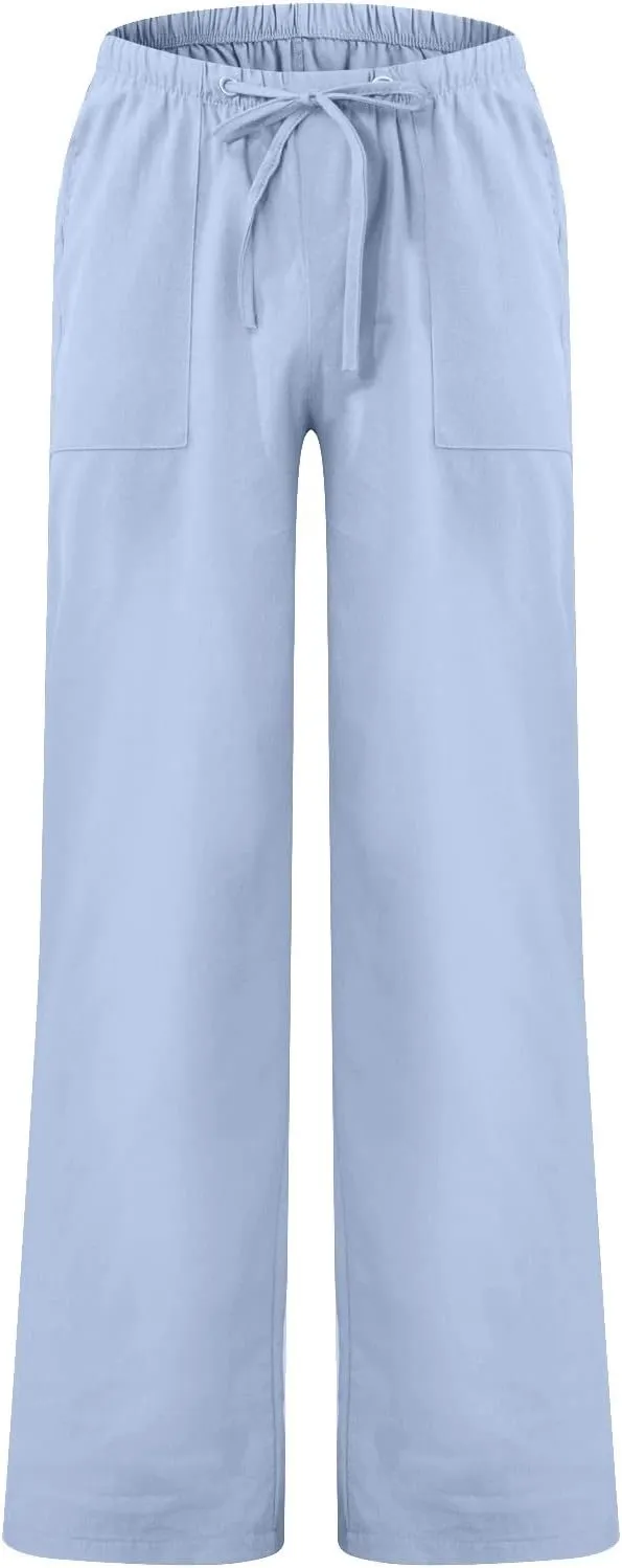 Men's Cotton Linen Pants Elastic Waist Drawstring Pants Lightweight Casual Pants Summer Beach Pants with Pockets