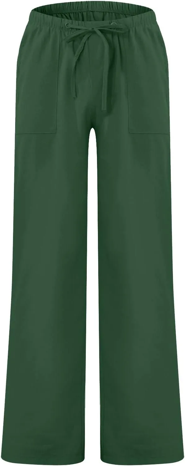 Men's Cotton Linen Pants Elastic Waist Drawstring Pants Lightweight Casual Pants Summer Beach Pants with Pockets
