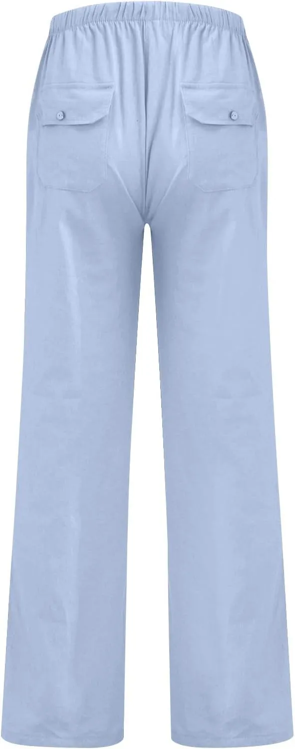 Men's Cotton Linen Pants Elastic Waist Drawstring Pants Lightweight Casual Pants Summer Beach Pants with Pockets