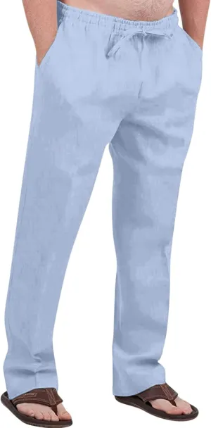 Men's Cotton Linen Pants Elastic Waist Drawstring Pants Lightweight Casual Pants Summer Beach Pants with Pockets
