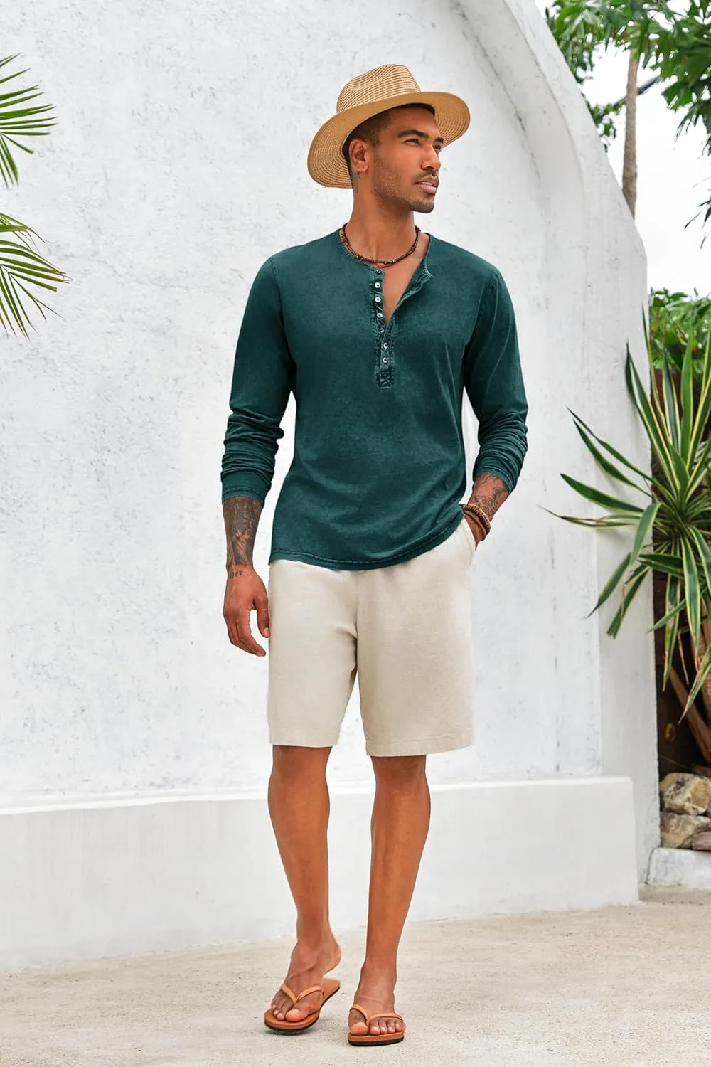 Mens Distressed Henley Shirts Front Placket Retro Long Sleeve Tee Shirts Casual Button Down Washed T-Shirts for Men