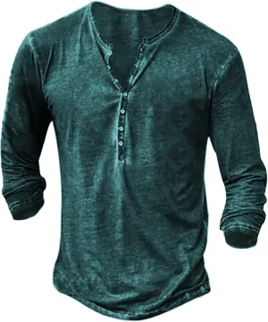 Mens Distressed Henley Shirts Front Placket Retro Long Sleeve Tee Shirts Casual Button Down Washed T-Shirts for Men