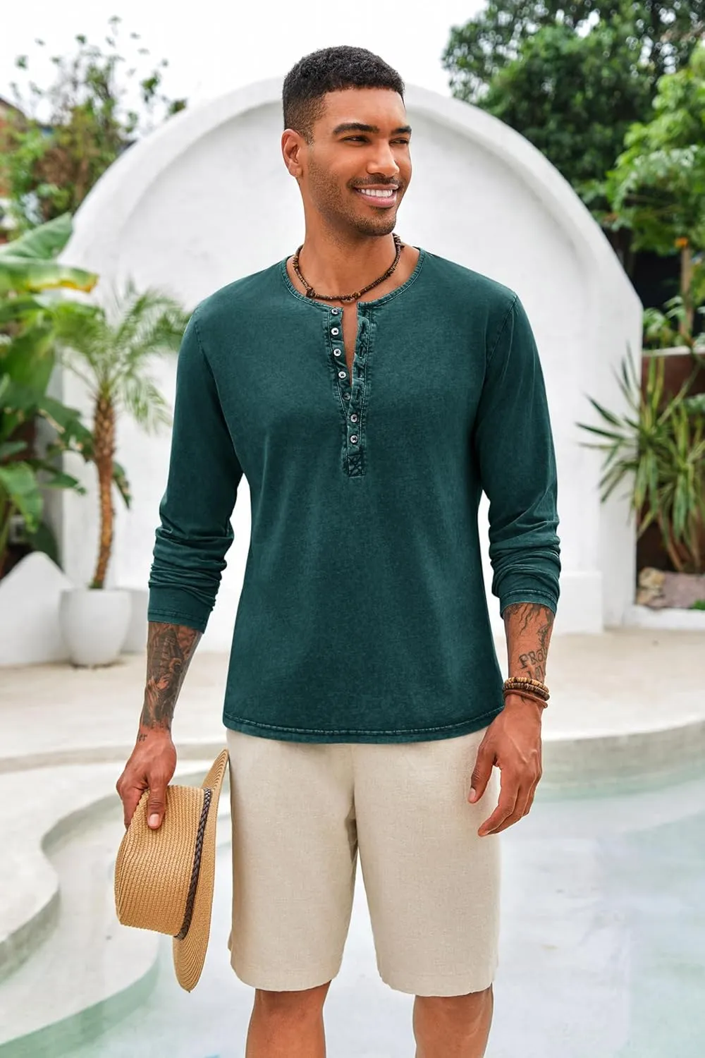Mens Distressed Henley Shirts Front Placket Retro Long Sleeve Tee Shirts Casual Button Down Washed T-Shirts for Men