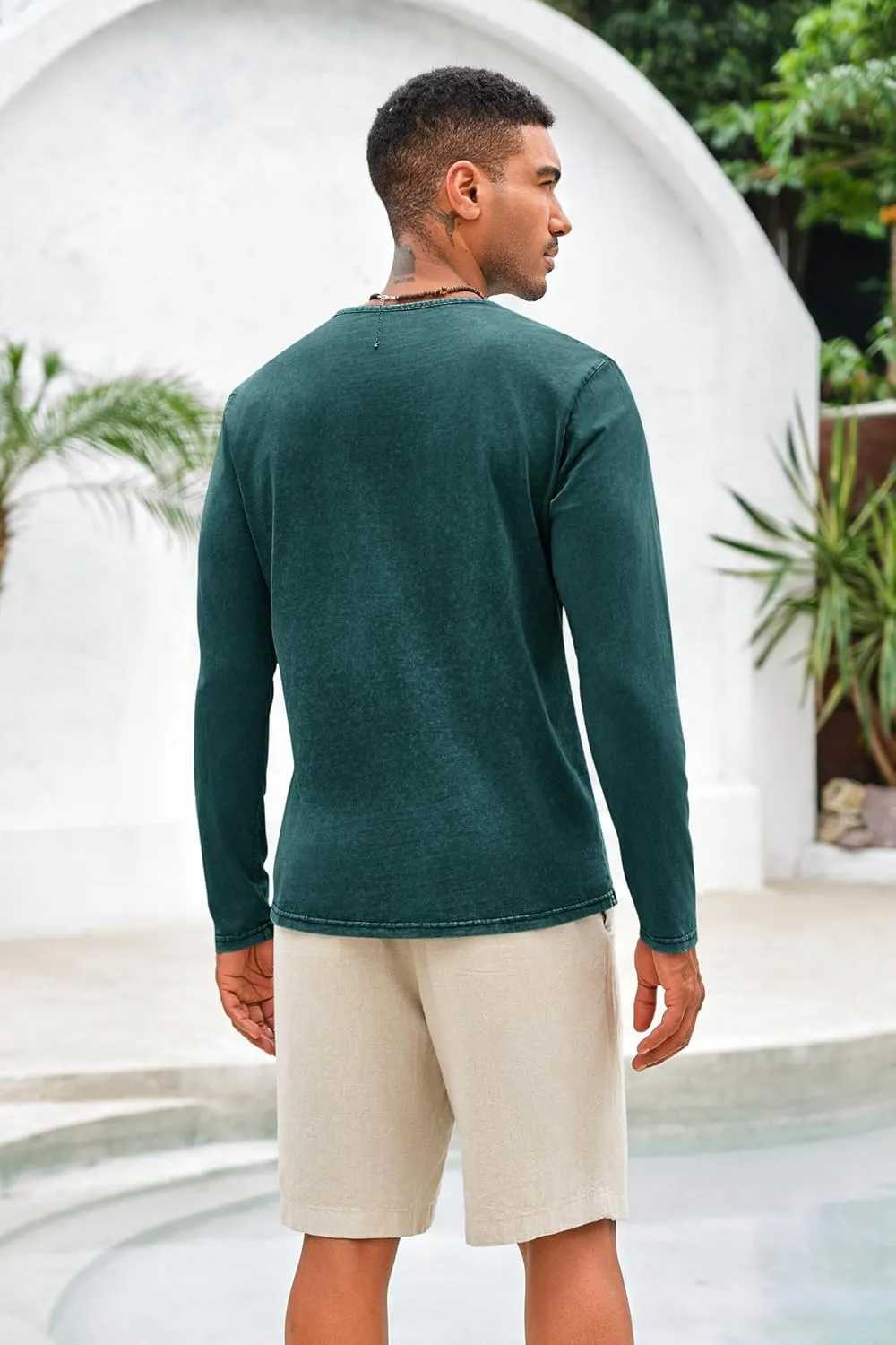 Mens Distressed Henley Shirts Front Placket Retro Long Sleeve Tee Shirts Casual Button Down Washed T-Shirts for Men